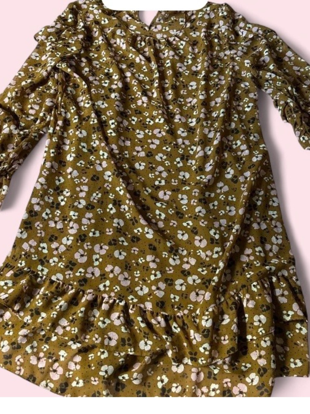 Who What Wear Olive Green Floral Ruffle-Hem Dress